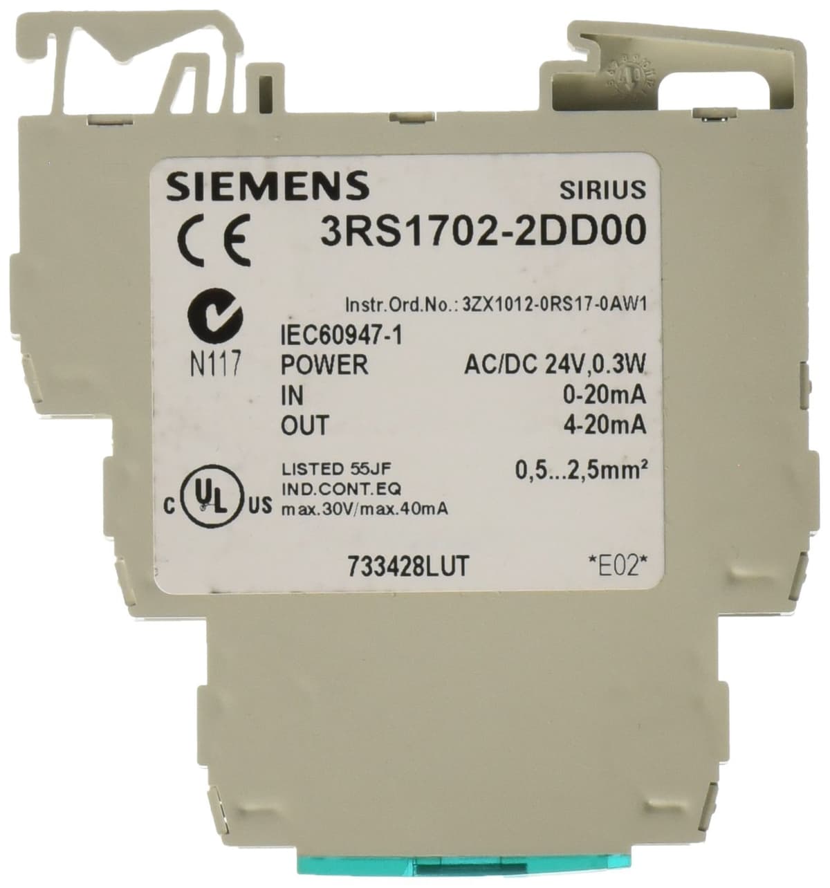 SIEMENS 3RS17 02-2DD00 (3RS17022DD00) Convertidor de Interfaz Individual, Activo, Terminales Cage Clamp, Ancho 6.2 mm, Entrada 0-20 mA, Salida 4-20 mA, Aislamiento Eléctrico de 2 Vías, Alimentación 24 VAC/VDC