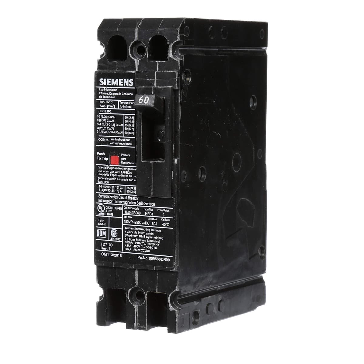 Siemens HI HED42B060 Interruptor Automático, Tipo HED4, 60A, 2 Polos, Disyuntor Termomagnético, Breaker Industrial, 240V