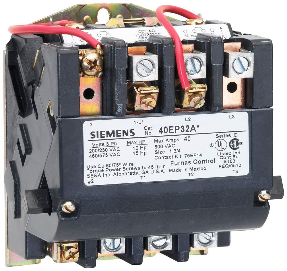 SIEMENS US2:40EP32AA Contactor Magnético NEMA Heavy Duty no reversible, bobina 120/240V AC, 40A carga plena, NEMA tamaño 1-3/4, 3 fases, 3 polos, 1NO, tipo abierto