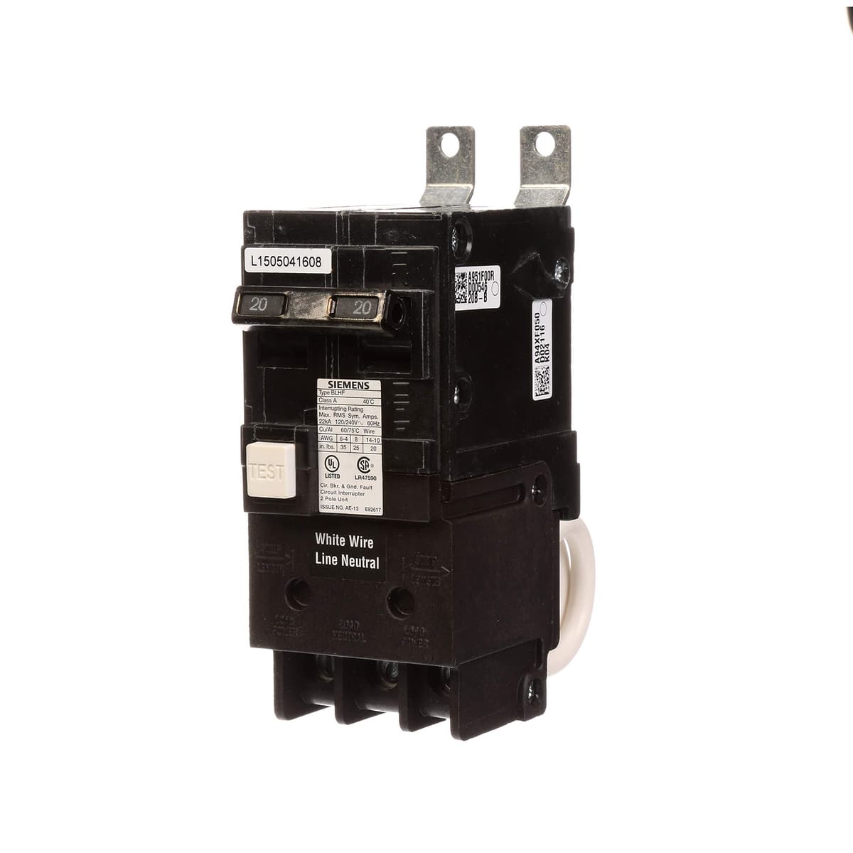 Siemens HI BF220H Interruptor Automático Doble Polo 20A 120/240V 22KAIC GFCI (Interruptor por Falla a Tierra) para Tableros Eléctricos