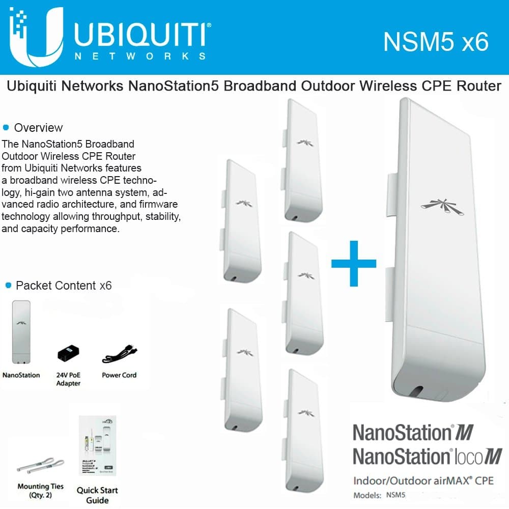 Ubiquiti NanoStation M5 NSM5 Paquete de 6 CPE Exterior 5GHz airMAX 150+Mbps Alcance 15+ km NSM5 X 6