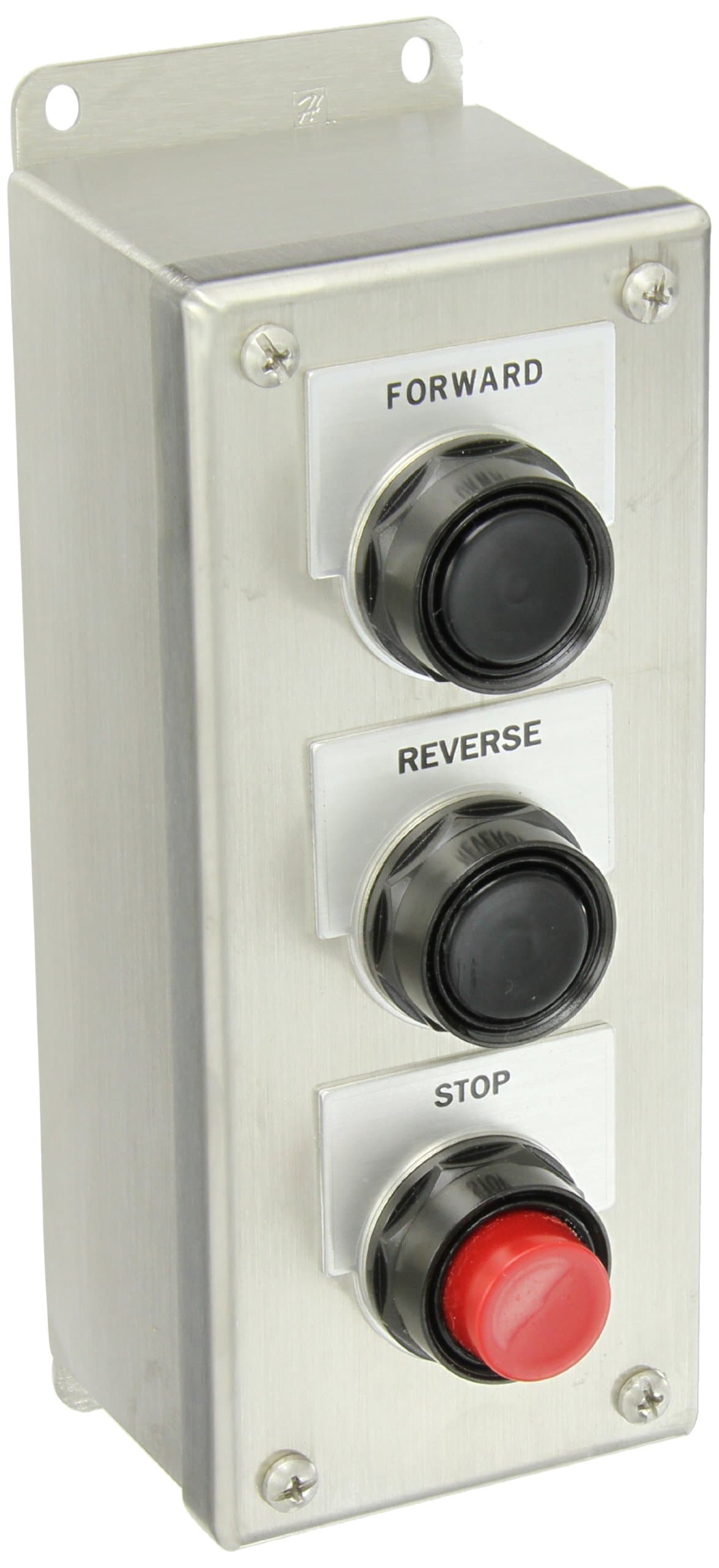 SIEMENS 52C301S Heavy Duty Pushbutton Control Station, Estación de Control Pulsadores, a Prueba de Agua y Aceite, 3 Puntos de Mando, 1 Pulsador Momentáneo Negro Al Ras “FORWARD”, 1 Pulsador Momentáneo Negro Al Ras “REVERSE”, 1 Pulsador Momentáneo Rojo Elevado “STOP”, Protección NEMA 4X Acero Inoxidable, Contactos 1NO y 1NC