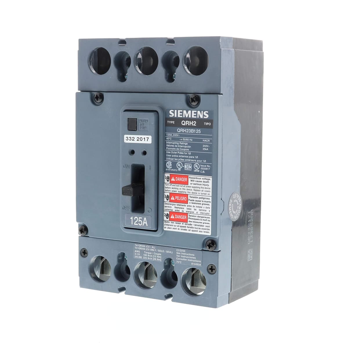 SIEMENS QR US2:QRH23B125 Interruptor Termomagnético 3 Polos 125A 25kA Tipo QR - Breaker Industrial, Disyuntor, Siemens