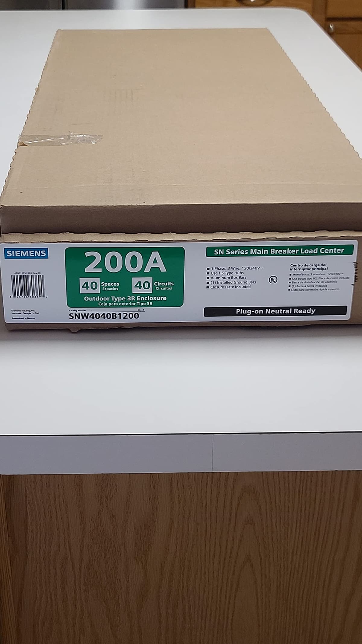 Siemens SNW4040B1200 Tablero Eléctrico Exterior 200A 40 Circuitos con Interruptor Principal Main Breaker Load Center Outdoor
