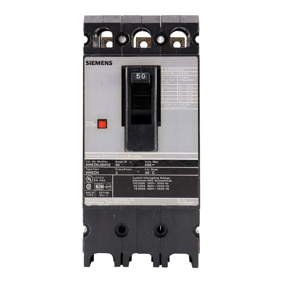 SIEMENS HHED6 HHED63B050 Interruptor Termomagnético 3 Polos 600V 50A, Negro, Breaker Industrial