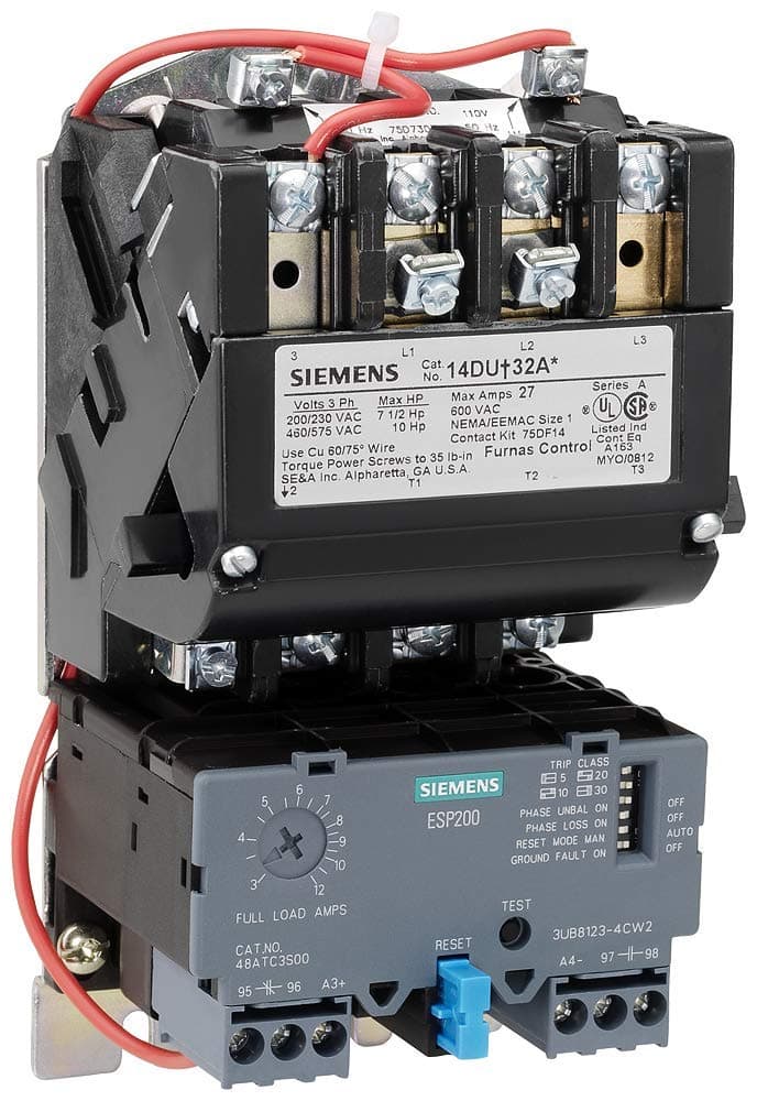 Siemens US2:14EUE32AA Arrancador de Motor de Servicio Pesado, No Reversible, Sobrecarga de Estado Sólido, Rearme Automático/Manual, Tipo Abierto, 3 Fases, 3 Polos, Tamaño 1 3/4, Rango de Sobrecarga 10-40A, Bobina 120-240VAC