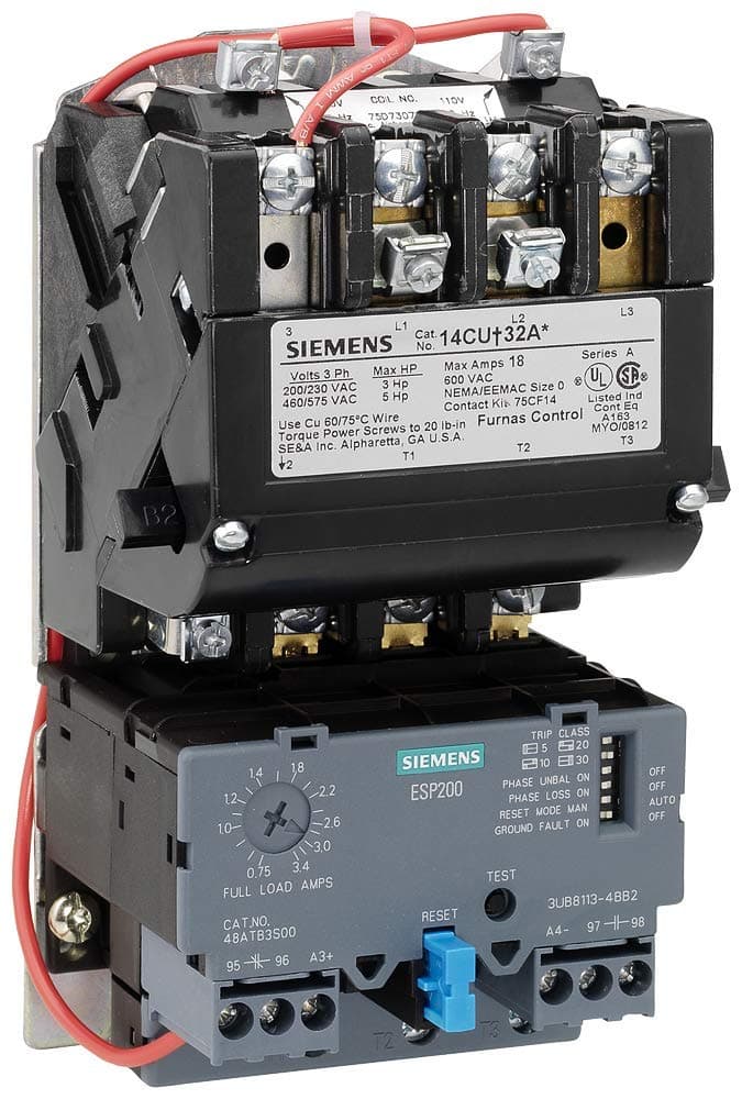 Siemens US2:14BUB32AH Arrancador de Motor de Servicio Pesado, No Reversible, Sobrecarga de Estado Sólido, Rearme Automático/Manual, Tipo Abierto, 3 Fases, 3 Polos, Tamaño 00, Rango de Sobrecarga 0.75-3.4A, Bobina 480VAC