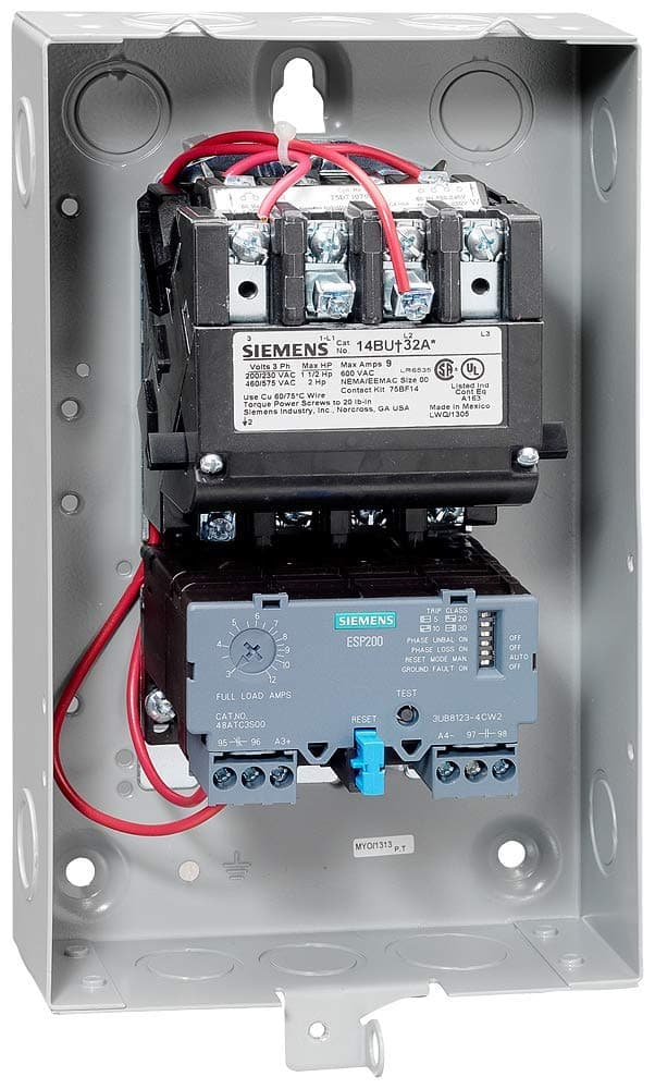 SIEMENS 14BUB32BA - Arrancador de Motor de Servicio Pesado, Sobrecarga de Estado Sólido, Rearme Automático/Manual, Abierto, NEMA 1 Uso General, 3 Fases, 3 Polos, Tamaño NEMA 00, Rango 0.75-3.4 A, Tamaño de Armazón A, Bobina 110-120/220-240 V a 60 Hz