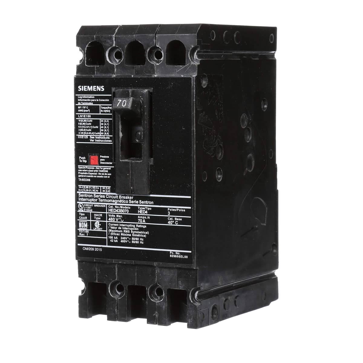 SIEMENS HI HED43B070 Interruptor Termomagnético, Tipo HED4, 70A, 3 Polos, Breaker Industrial, Protección de Circuitos, 600V, Montaje en Panel