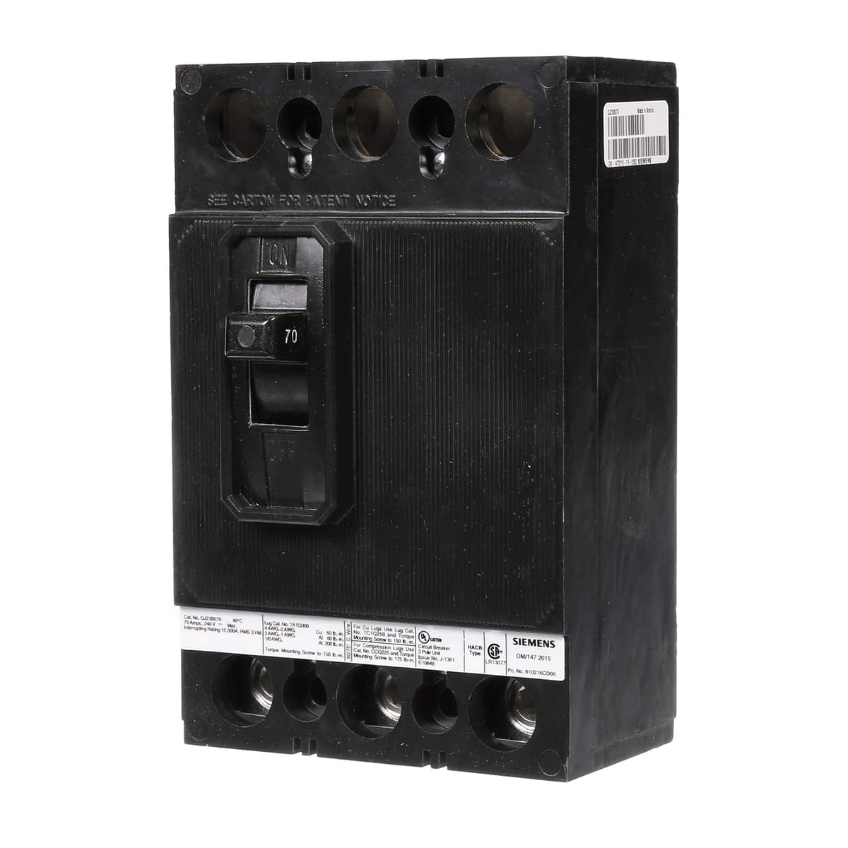 SIEMENS HI QJ23B070 - Interruptor Termomagnético 70A 3 Polos 240V 10kA - Breaker industrial para paneles QJ, protección circuitos eléctricos