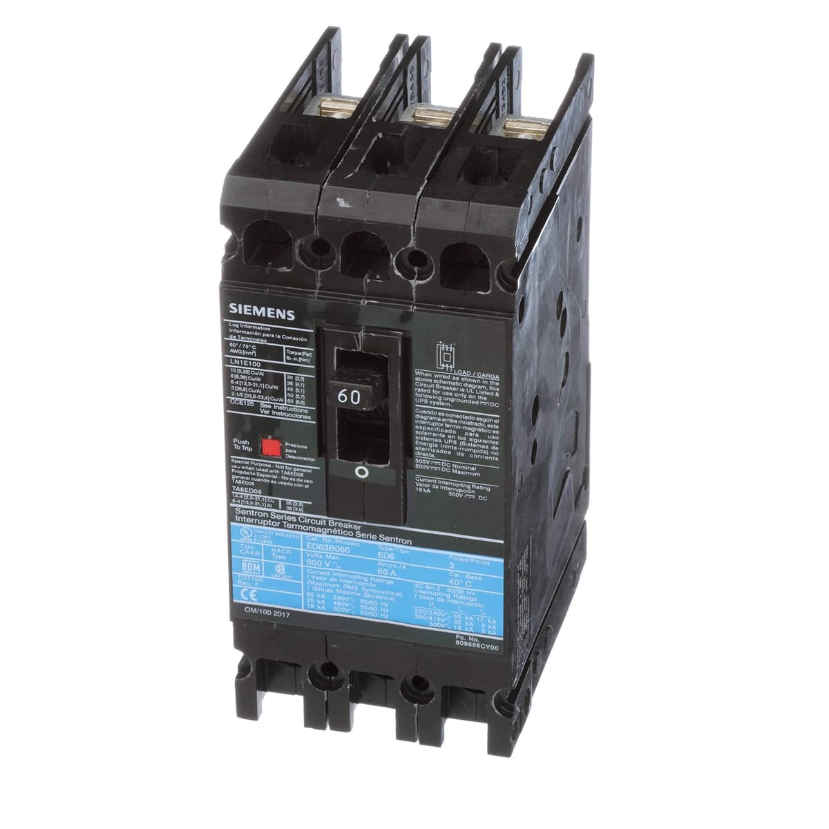 SIEMENS ED6 ED63B060L Interruptor termomagnético 3 polos 60A 600V tipo Lug, negro