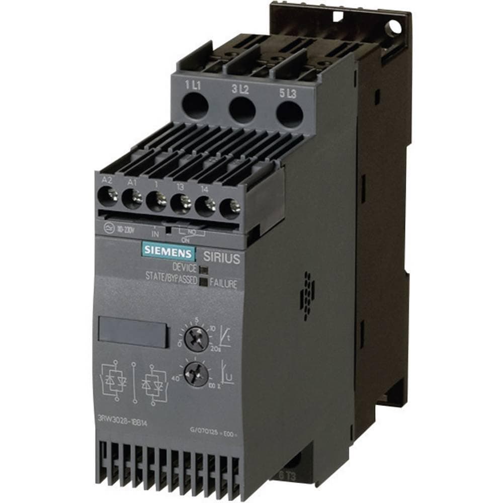 SIEMENS Sirius 3RW3027-1BB14 Arrancador Suave, tamaño S0, 32A, 15kW/400V, 200-480V, control 110-230V AC/DC, terminales de tornillo, color blanco, operación a 40°C