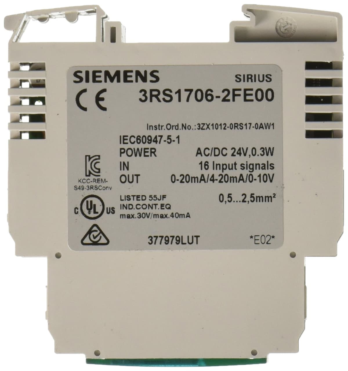 SIEMENS 3RS17062FE00 Convertidor Universal Seleccionable, Terminales Cage Clamp, 17.5 mm de ancho, Entrada 0-100 mV, Salida 0-20 mA, Alimentación 24 VAC/VDC, Aislamiento Eléctrico 3 vías