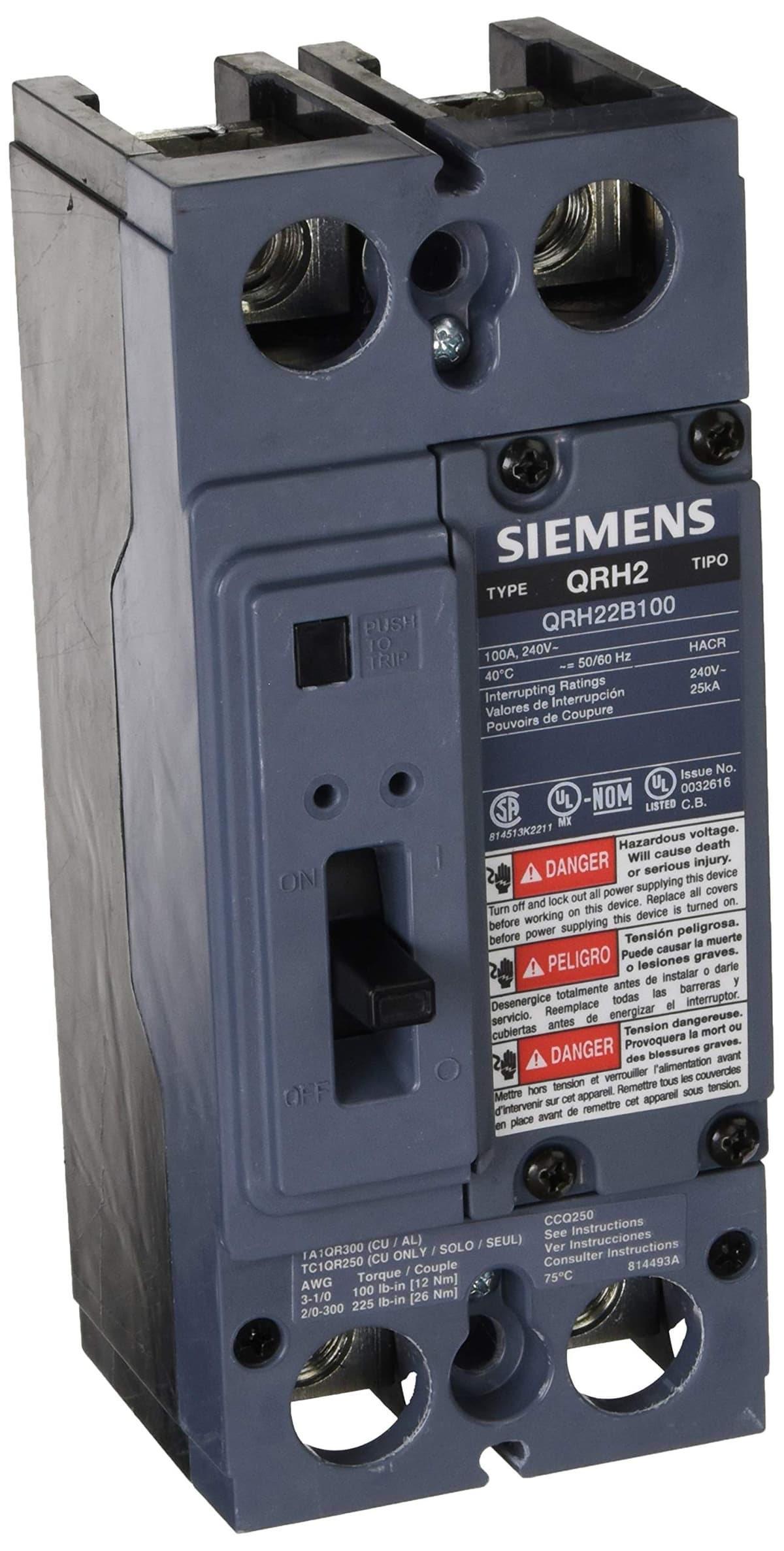 SIEMENS US2:QRH22B100L Interruptor Termomagnético Tipo QR 2 Polos 100A 25kA con Bornes (Lugs)