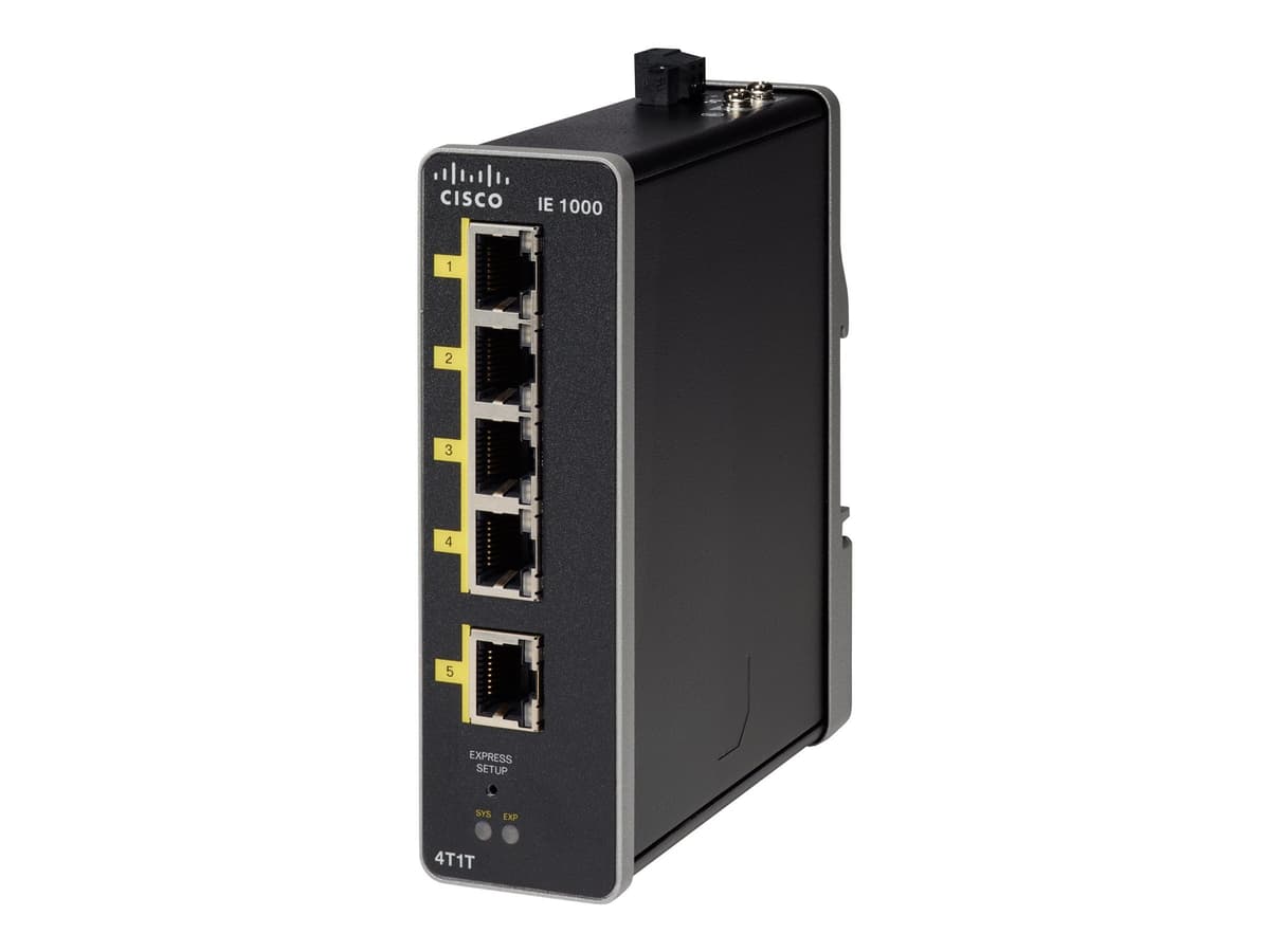 Cisco IE-1000-4T1T-LM Switch Ethernet Industrial, 4x RJ45 + 1x Uplink, gestionado, capa 2, montaje en riel DIN, redes industriales, alta confiabilidad 677HD97