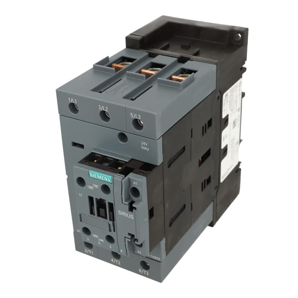 SIEMENS 3RT2047-1AB00 | Contactor AC-3 110A 55kW/400V 3 polos (3NO) + Aux 1NO+1NC, bobina 24VAC 50Hz, tamaño S3, bornes de tornillo