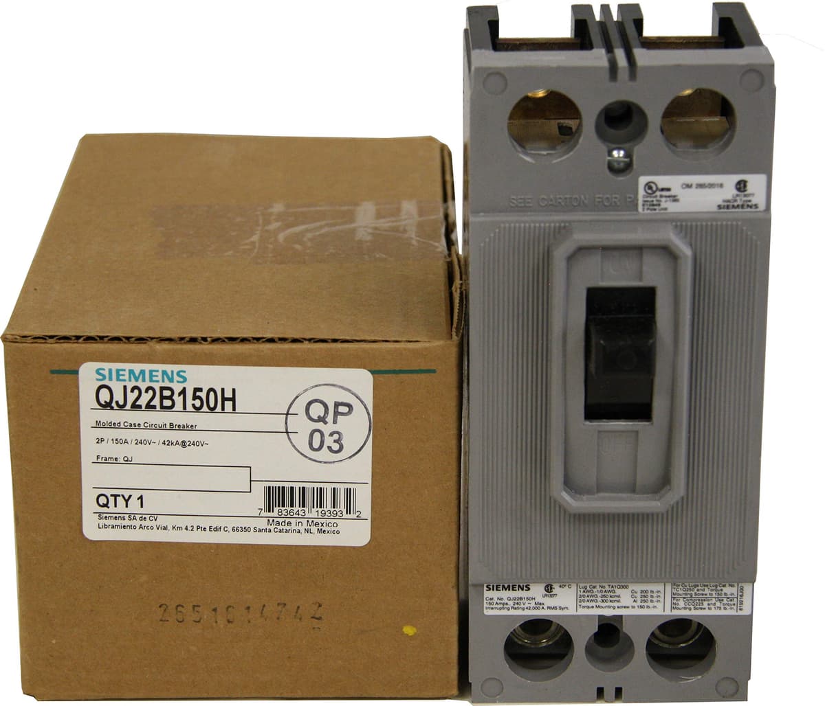SIEMENS QJ QJ22B150H - Interruptor Termomagnético 2 Polos 150A 240V 42kA - Breaker Industrial, Disyuntor, Corte Moldado