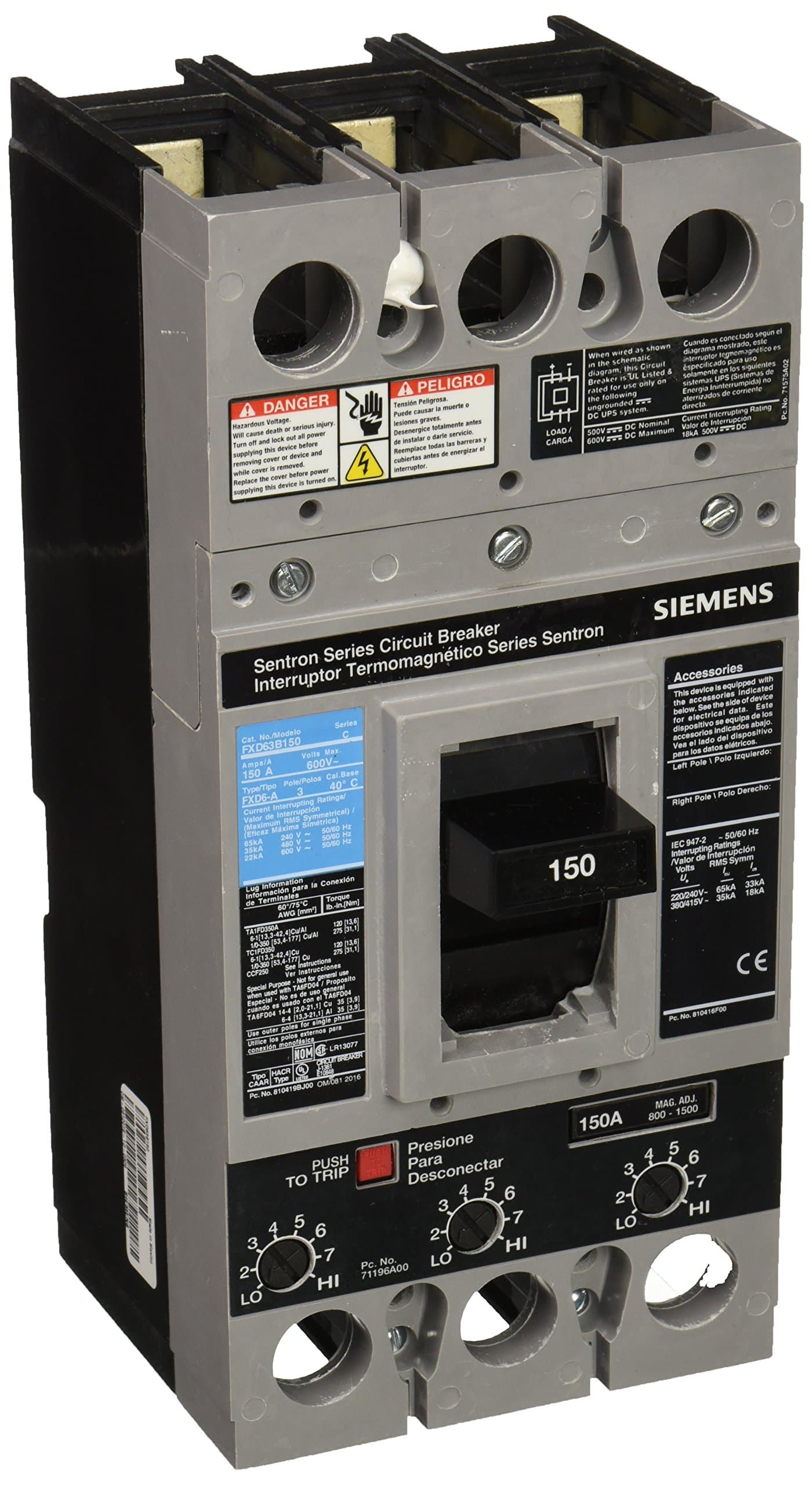 Siemens FXD63B150 Interruptor Automático Tipo FXD6-A 150 Amperios 3 Polos Molded Case Breaker Circuit Breaker
