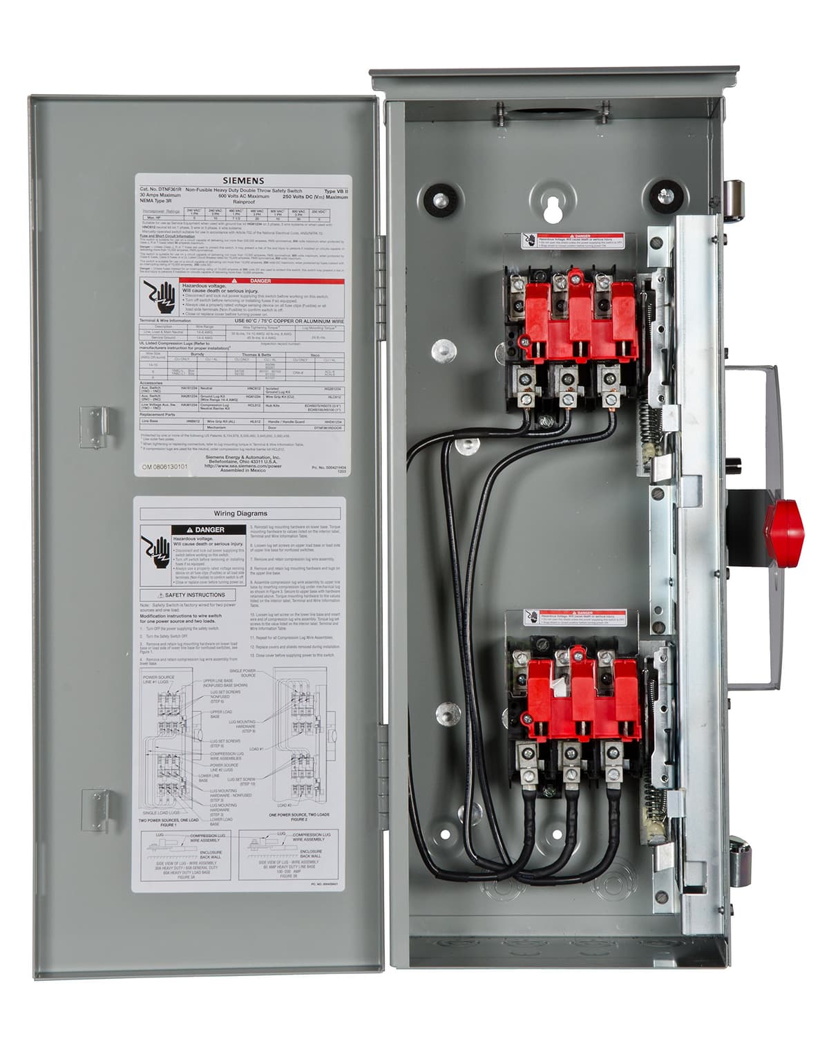 Siemens HI DTNF361R Interruptor de transferencia 30A 3 polos 600V 3 hilos no fusible doble tiro Tipo 3R exterior industrial