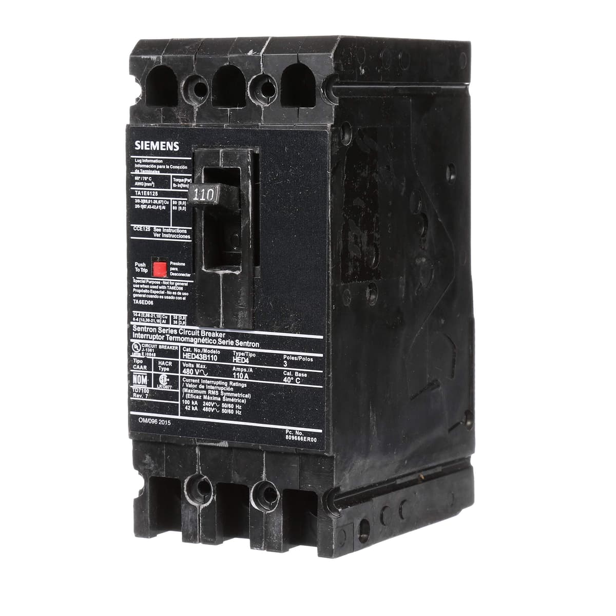 Siemens HED4 HED43B110 - Interruptor Termomagnético, 110 A, 3 Polos, Tipo HED4, Disyuntor, Breaker, Siemens HI, Part Number HED43B110
