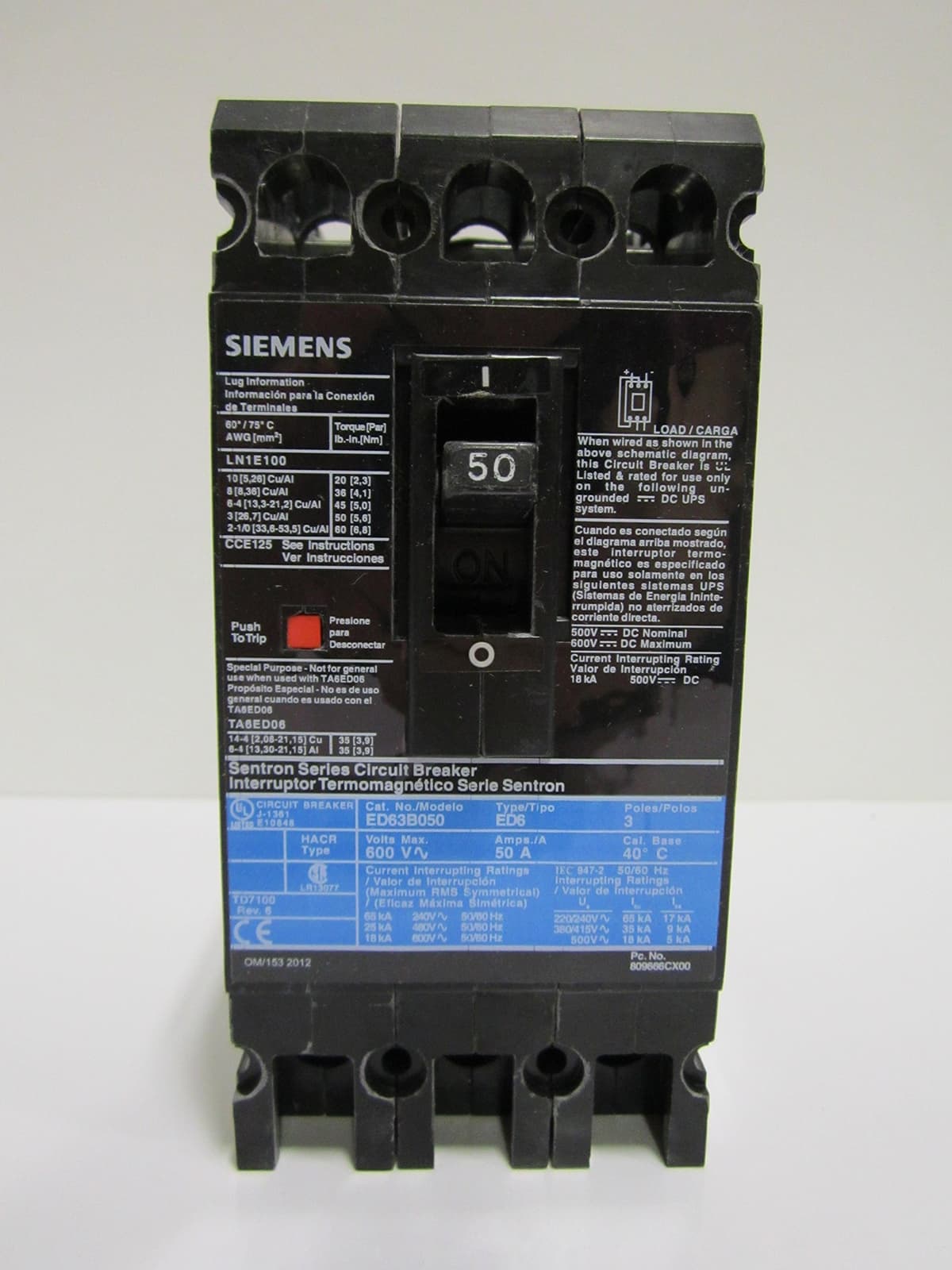 Siemens ED63B050L - Interruptor Automático (Breaker) 3 Polos 600V 50A ITE/Gould (Código: ED63B050L)