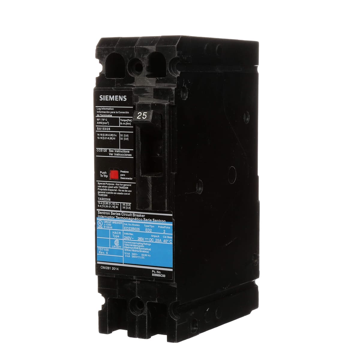 SIEMENS HI ED22B025 - Interruptor Automático Tipo ED2, 2 Polos, 25A, 240V AC, Terminal de Carga (Load Side Lug)