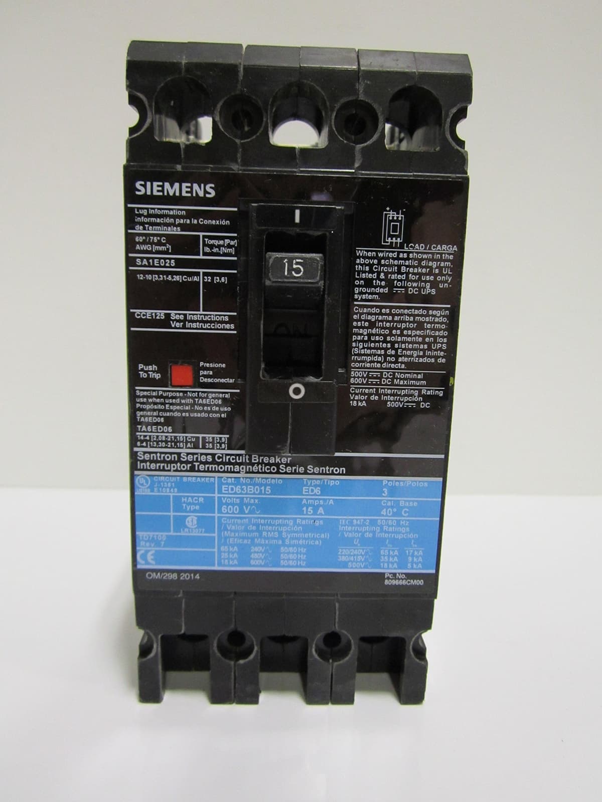 Siemens ITE ED63B015L - Probado y Certificado, Interruptor Automático, Reacondicionado, 3 Polos, 15A, Compatible ITE