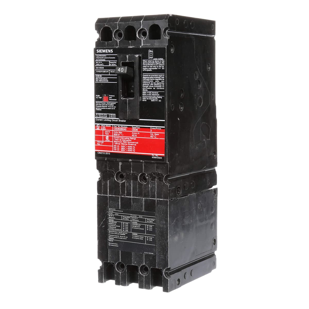 SIEMENS HI CED63B040 Disyuntor termomagnético, 3 polos, 40A, 600V, negro, interruptor automático, protección de circuitos, industrial