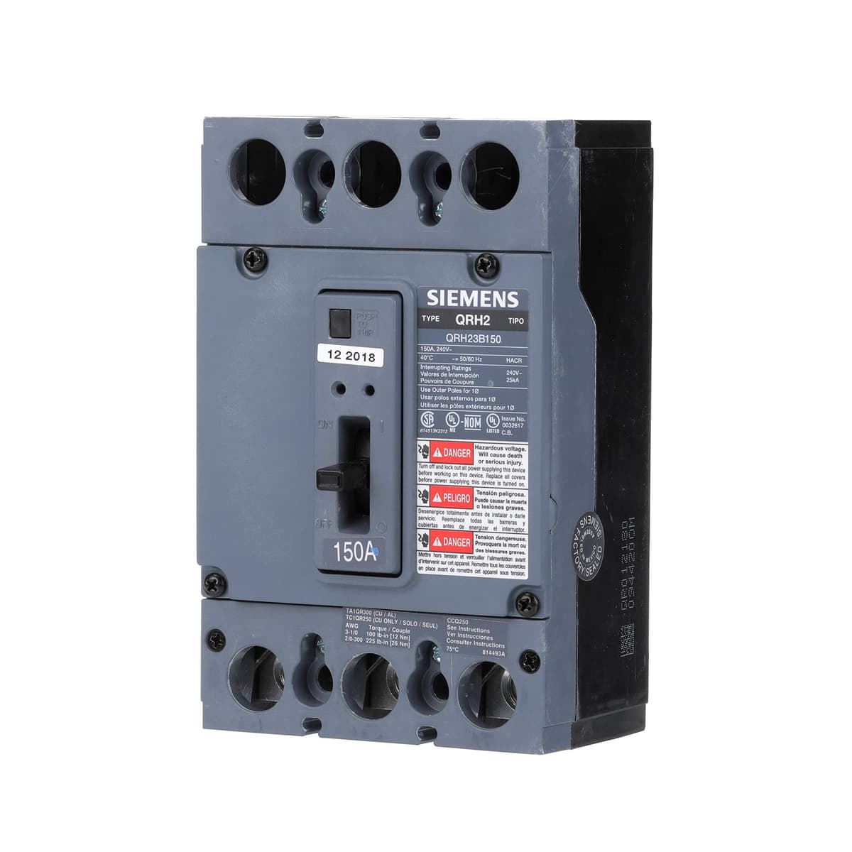 SIEMENS QR US2:QRH23B150 Interruptor Termomagnético 3 Polos 150A 25kA Tipo QR, Disyuntor Industrial, Breaker Siemens