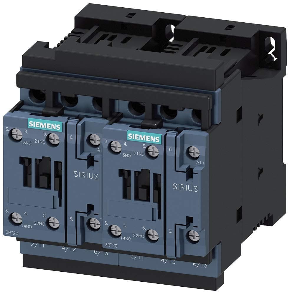 SIEMENS Sirius 3RA2328-8XB30-1BB4 Contactor Magnético Inversor IEC 24VDC 3 Polos Tamaño S0 38A Carga Inductiva Interbloqueo 2NO Integrado Bornes de Tornillo