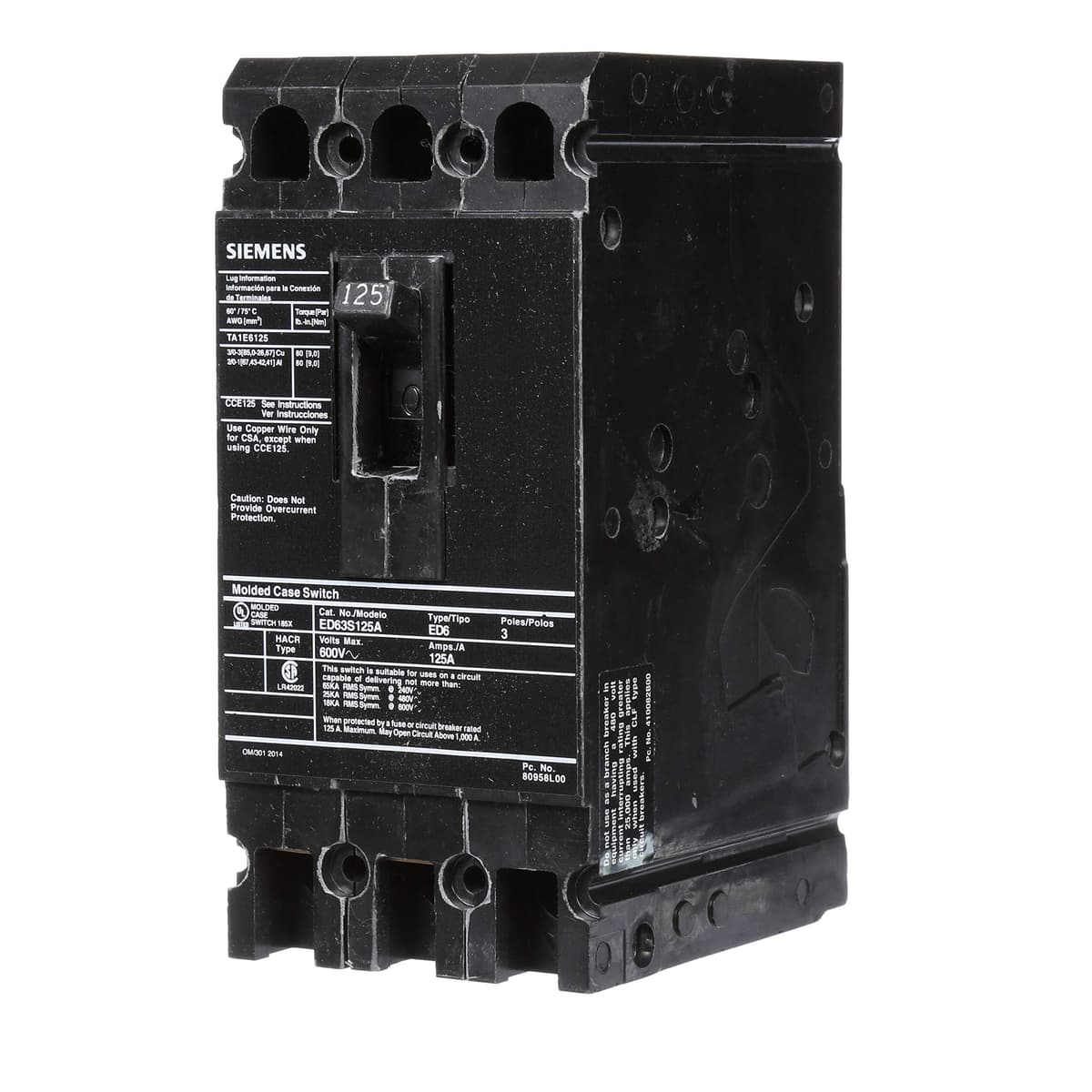 Siemens HI ED63S125A Interruptor Automático, Disyuntor Termomagnético 3 Polos 125A, Negro, Breaker Industrial, Protección de Circuitos, Montaje en Riel/DIN