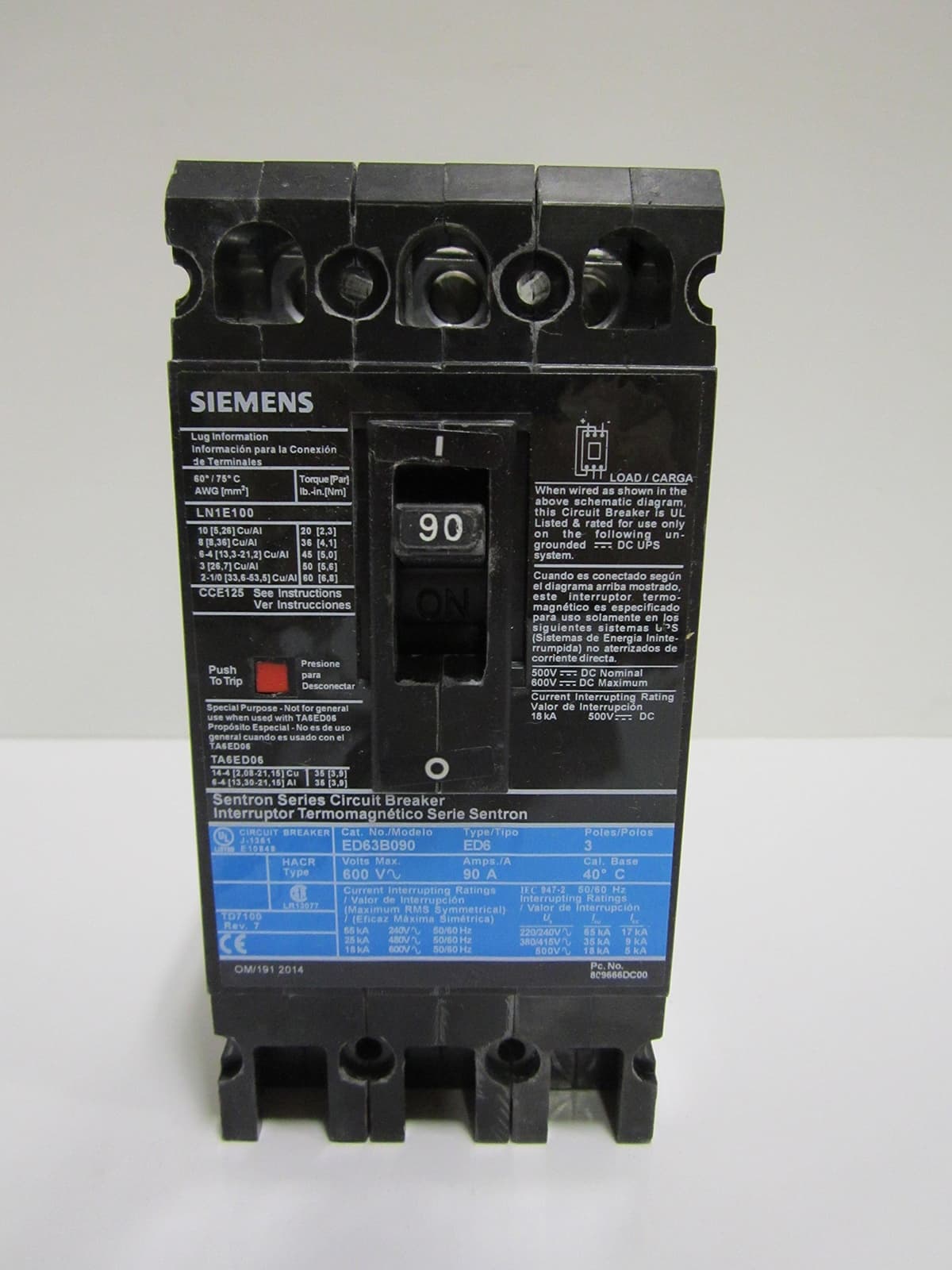 SIEMENS Sentron ED63B090L | Interruptor Automático Tipo ED6, 3 Polos, 90A, Termomagnético, Disyuntor Industrial