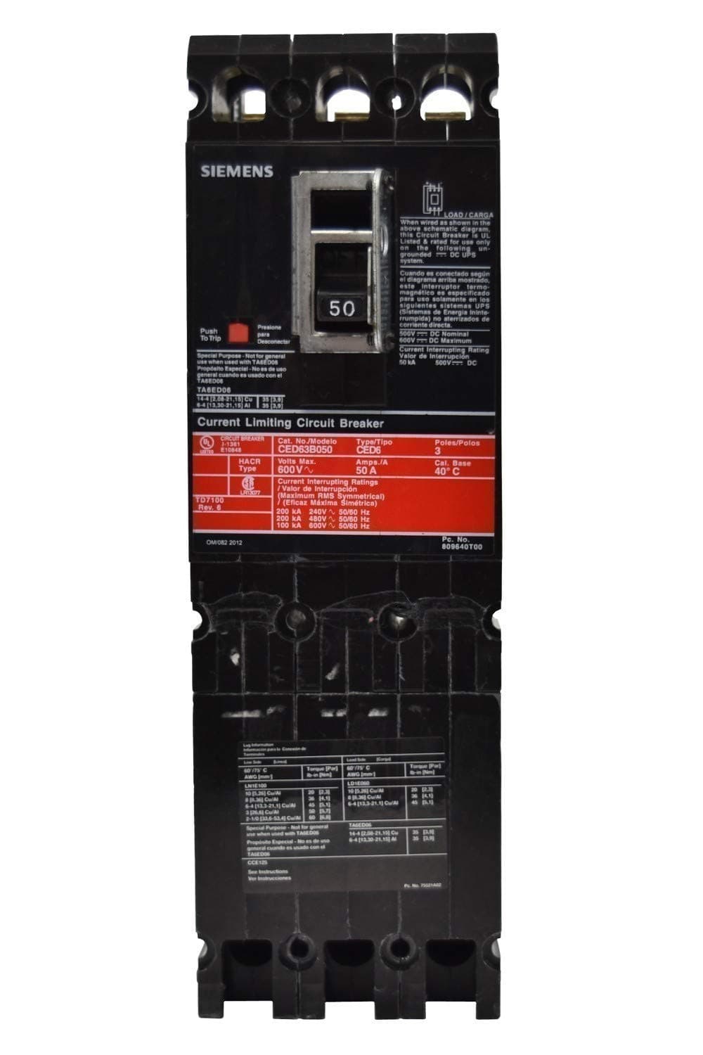 Siemens ITE CED63B015 - Interruptor Automático (Breaker) 3 Polos 15A, 600V, Termomagnético, Línea Gould/ITE, Código Parte CED63B015