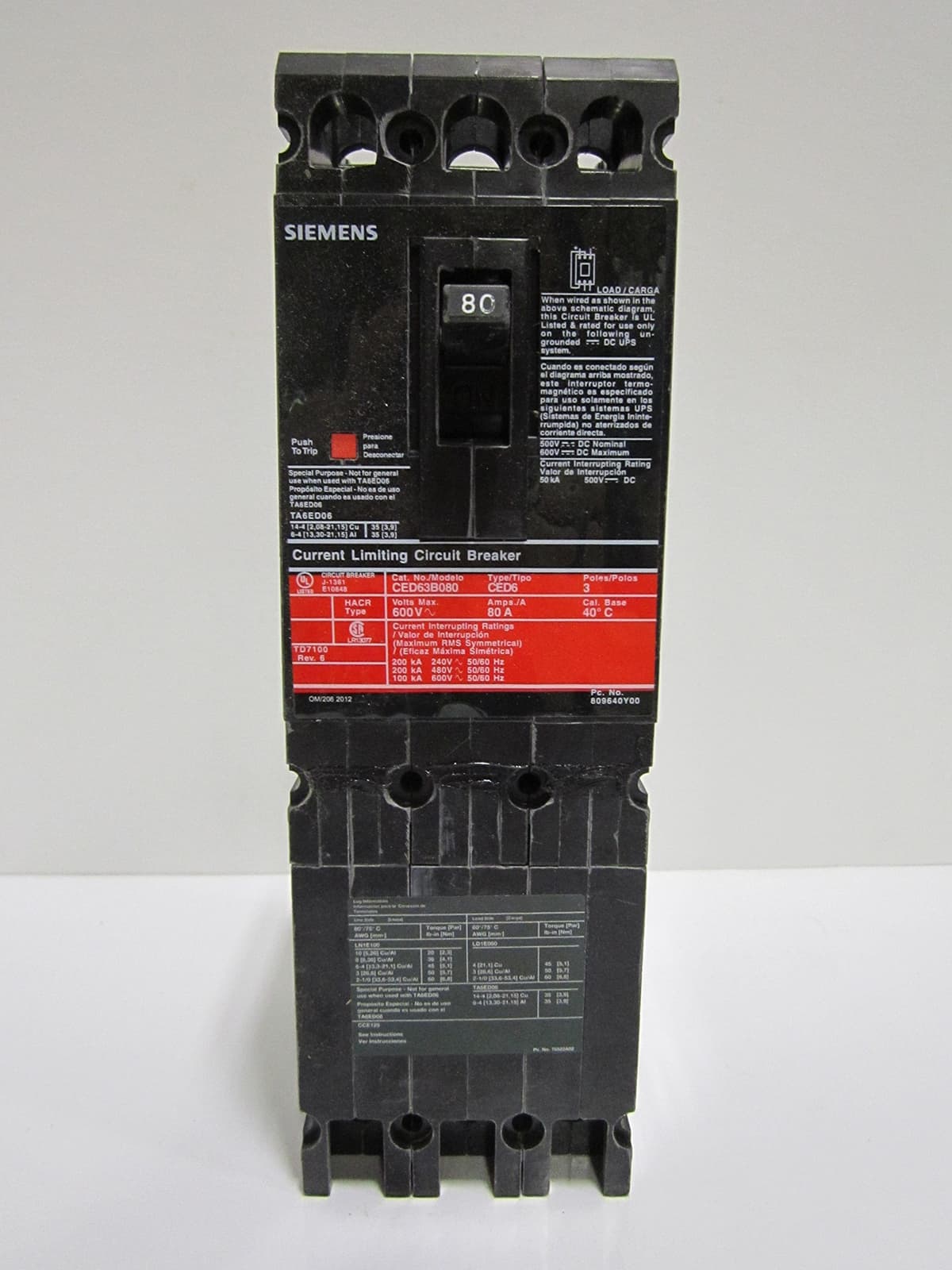 SIEMENS CED6 CED63B080 Interruptor termomagnético 3 polos 600V 80A, negro, breaker industrial