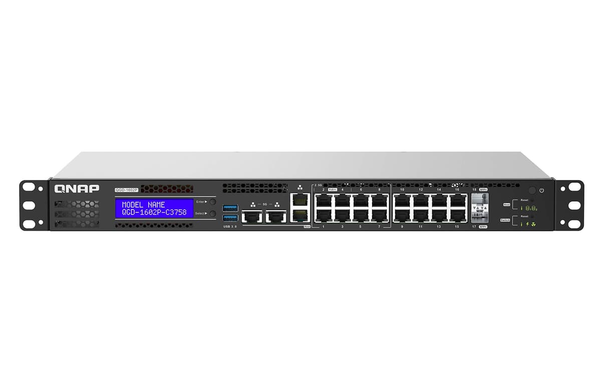 QNAP QGD-1602 Smart Edge Switch QTS, soporte máquinas virtuales (VMs), aplicaciones versátiles para redes, sin disco (Diskless) C3758-16G-US
