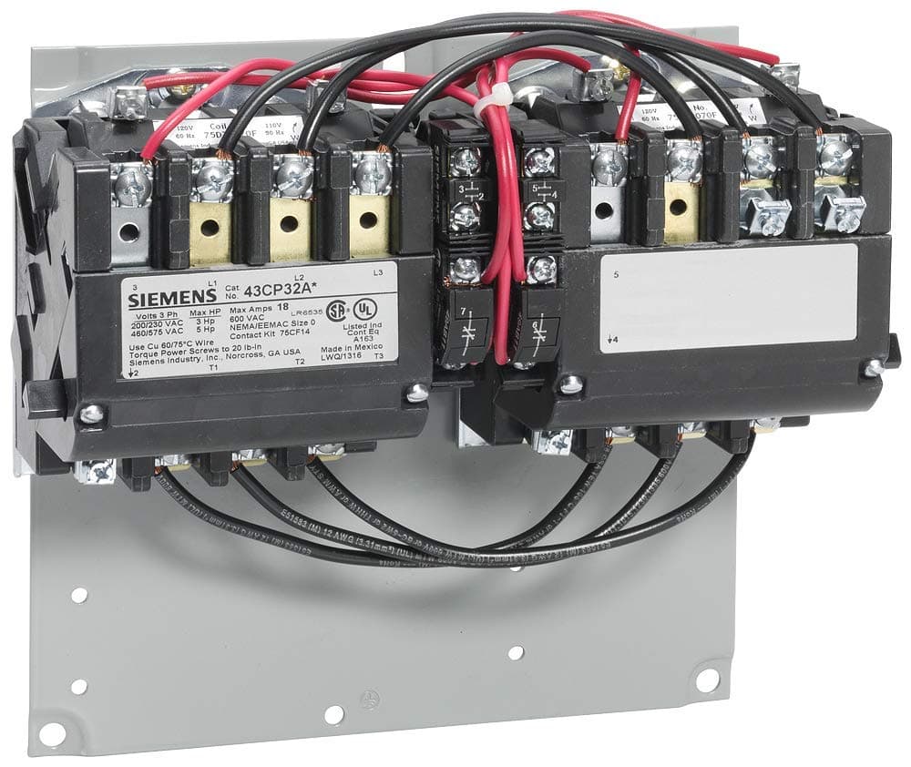 Siemens US2:43CP32AD Contactor Magnético NEMA Pesado Reversible, Bobina 208V CA, 18A Carga Plena, Tamaño NEMA 0, 3 Fases, 3 Polos, 2NO+2NC, Tipo Abierto