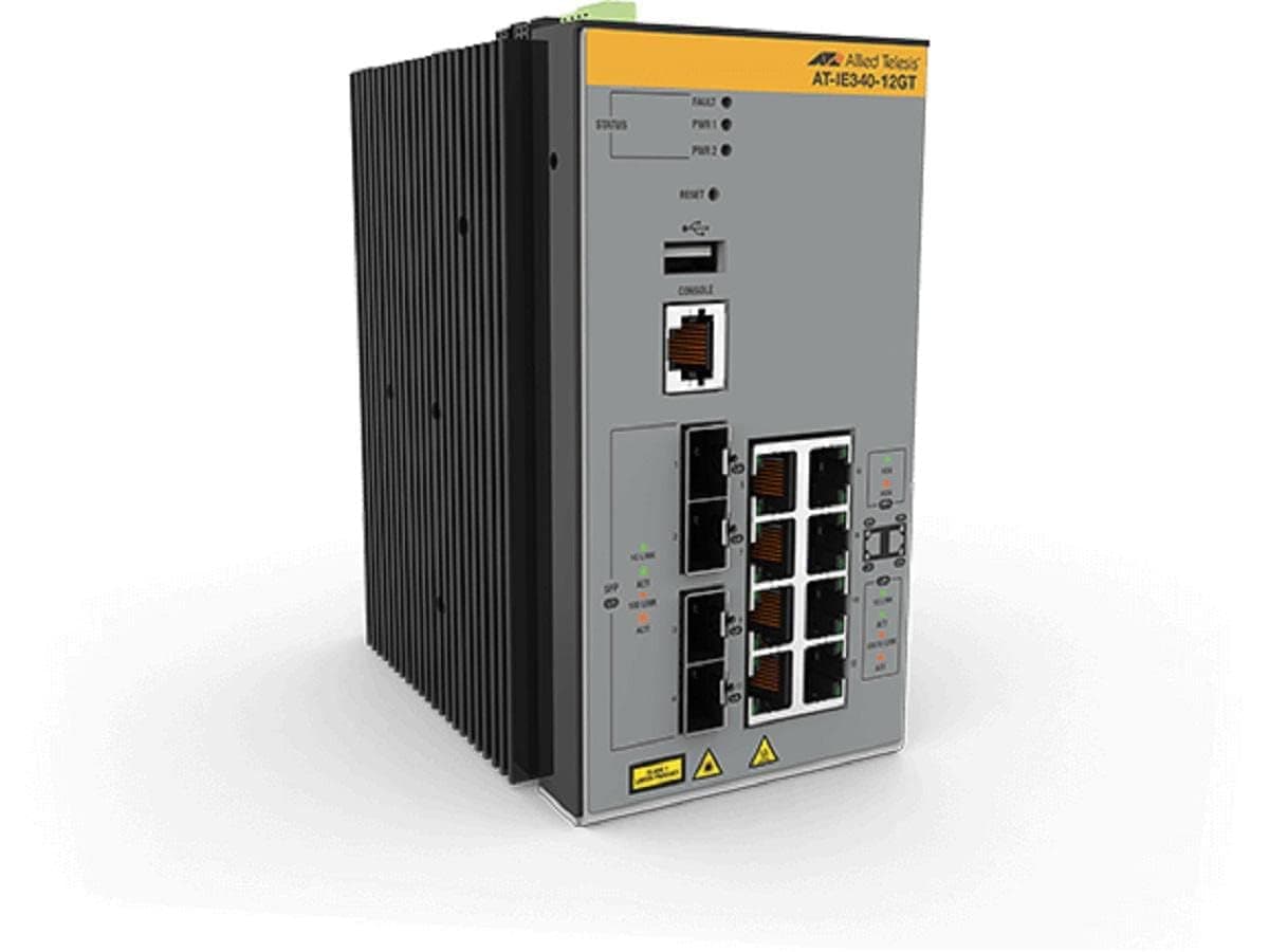 Allied Telesis AT-IE340-12GT-80 Switch Ethernet Industrial Capa 3, 8 Puertos, Gestionable, Modular, 4 Slots SFP, Par Trenzado y Fibra Óptica, Montaje en Riel DIN 767035218984