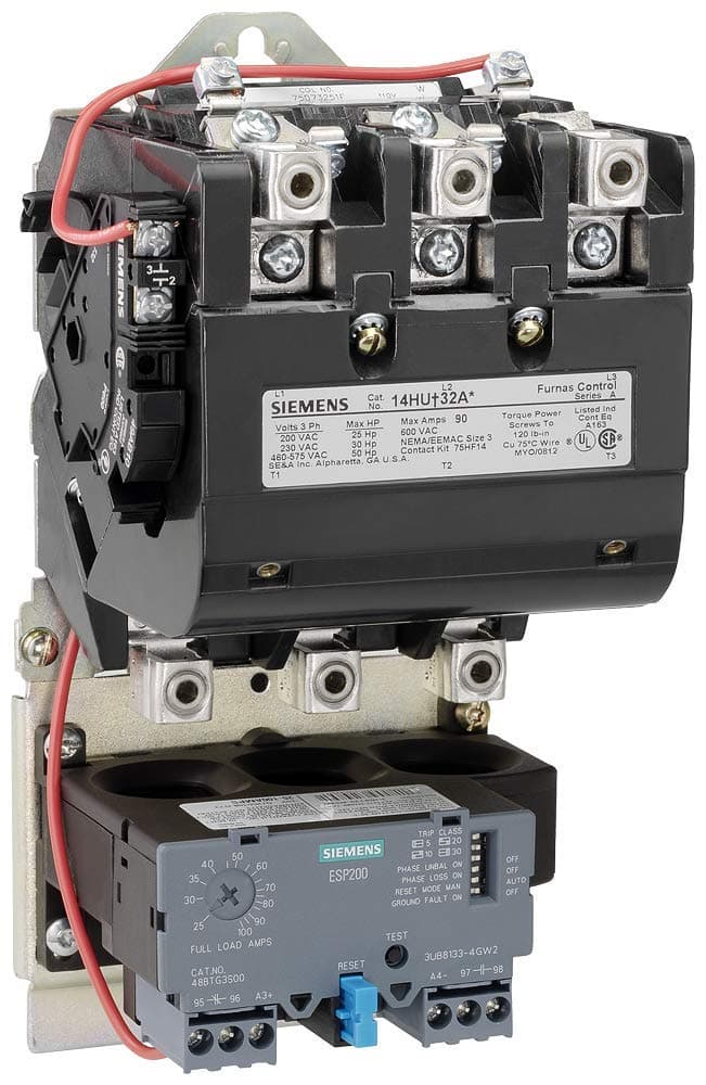 Siemens 14HUG32AD Arrancador de Motor de Servicio Pesado, No Reversible, Relé de Sobrecarga de Estado Sólido, Rearme Automático/Manual, Tipo Abierto, 3 Fases, 3 Polos, Tamaño 3, Rango de Sobrecarga 25-100A, Bobina 208VAC US2:14HUG32AD