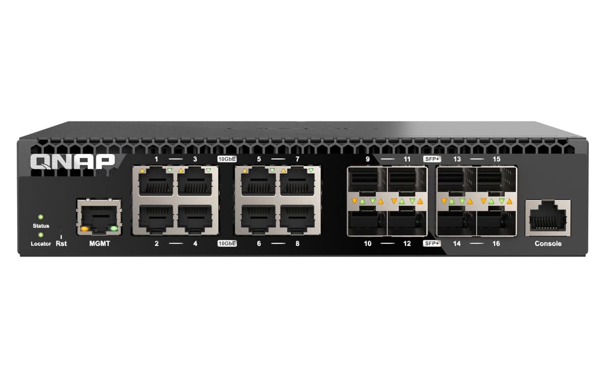 QNAP QSW-M3216R-8S8T Switch Administrable 10GbE 16 Puertos (8 SFP+ y 8 RJ45) Rack Half-Width Capa 2 para Redes SMB/SOHO de Alta Velocidad