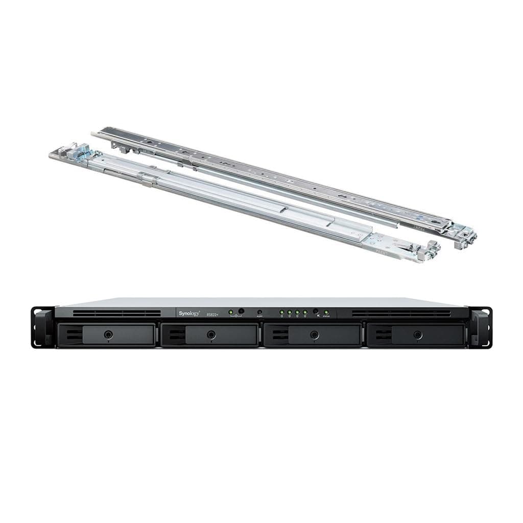 Synology RackStation RS822+ NAS Server, CPU Ryzen 2.2GHz, 32GB RAM, 4TB SSD, 4x 1GbE LAN, DSM, incluye kit de rieles