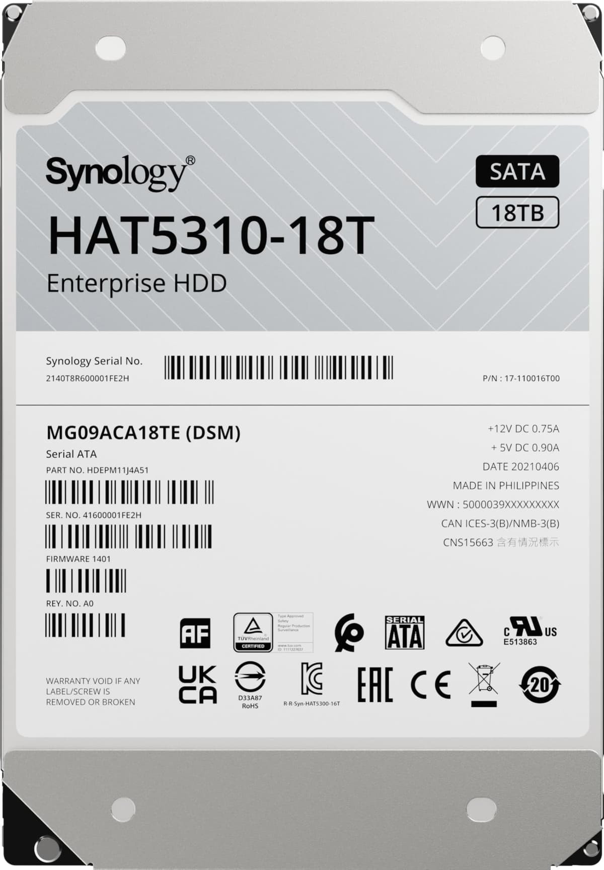 Synology HAT5310-18T disco duro 3.5" SATA 18TB 7200 RPM, HDD empresarial, alto rendimiento y fiabilidad, W127023871