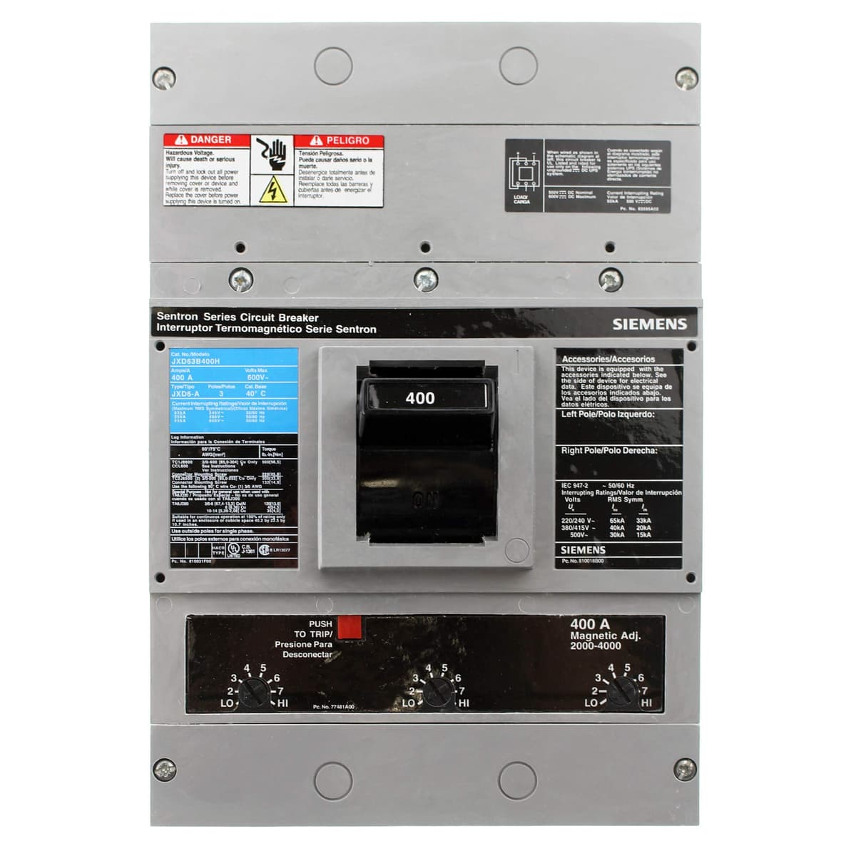 Siemens JXD63B400H Interruptor Termomagnético 400A 600V 3P 3F Marco JD/JXD, Molded Case Circuit Breaker para Tableros Industriales