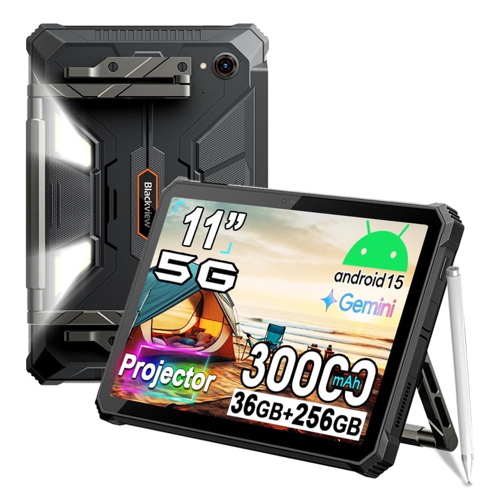 Blackview Active 12 PRO 5G Tablet Proyector, Android 15 Tablet Resistente, Batería 30000mAh, Pantalla 11'', 36GB RAM+256GB ROM, Tablets para Exterior, Cámara 108MP+50MP, Luz de Camping/WiFi 6E/BT 5.4/GPS/Dual 5G