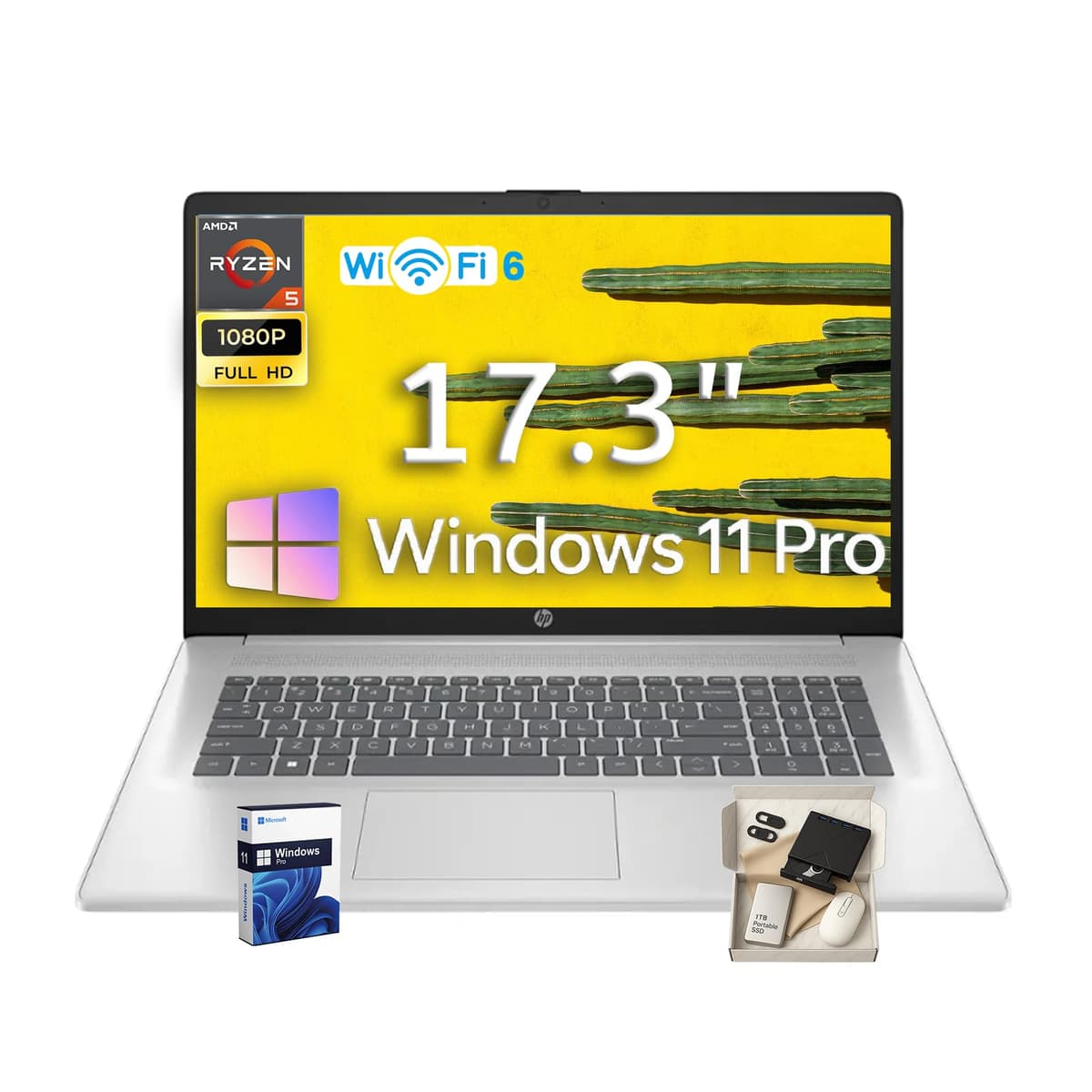 HP portátil de 17,3" para negocios y estudiantes, AMD Ryzen 5 7430U (12 hilos), pantalla IPS FHD de 17,3" (1920 x 1080), Wi-Fi 6, Windows 11 Pro, 32 GB RAM, 1 TB SSD, plateado natural HP Laptop 17