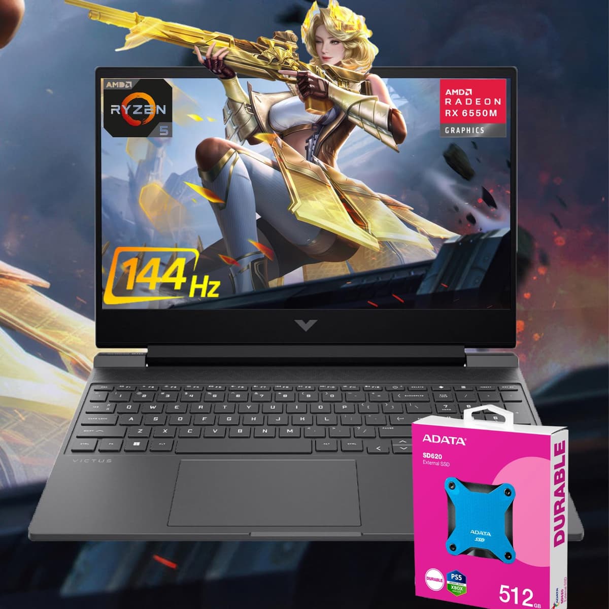 HP Victus portátil gamer Ryzen 5, 15.6" FHD 144Hz, Ryzen 5 7535HS (mejor que Intel i5-13420H), AMD Radeon RX 6550M (mejor que NVIDIA GeForce RTX 3050), 16GB RAM, 1TB SSD, W11H, con paquete SSD externo de 512GB TPN-Q279