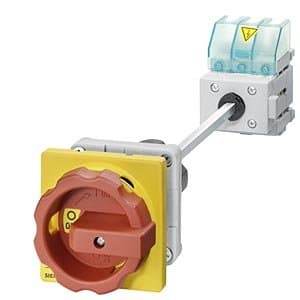 SIEMENS 3LD2545-0TK53 SENTRON, 3LD DISCONNECTOR, Interruptor de corte de emergencia, 3 polos, 63 A, montaje en piso con accionamiento acoplador de puerta, mecanismo rotatorio ROJO/Amarillo, manija con orificio central de 22.5 MM