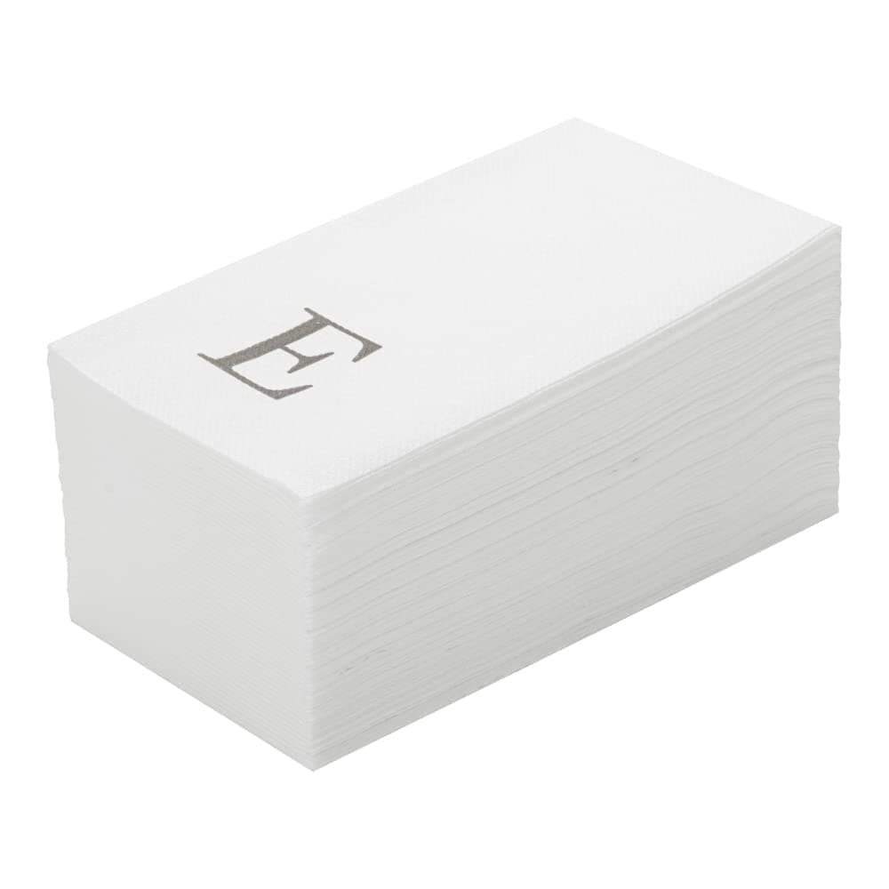 Luxenap Toallas de Invitado con Textura de Lino 15.8 x 7.9 Pulgadas, 2000 Servilletas de Mano con Letra Plateada 'E', Fuente Sans Serif, Servilletas de Papel Blancas para Cena, Airlaid, Para Baños y Mesas - Restaurantware RWA1185SE