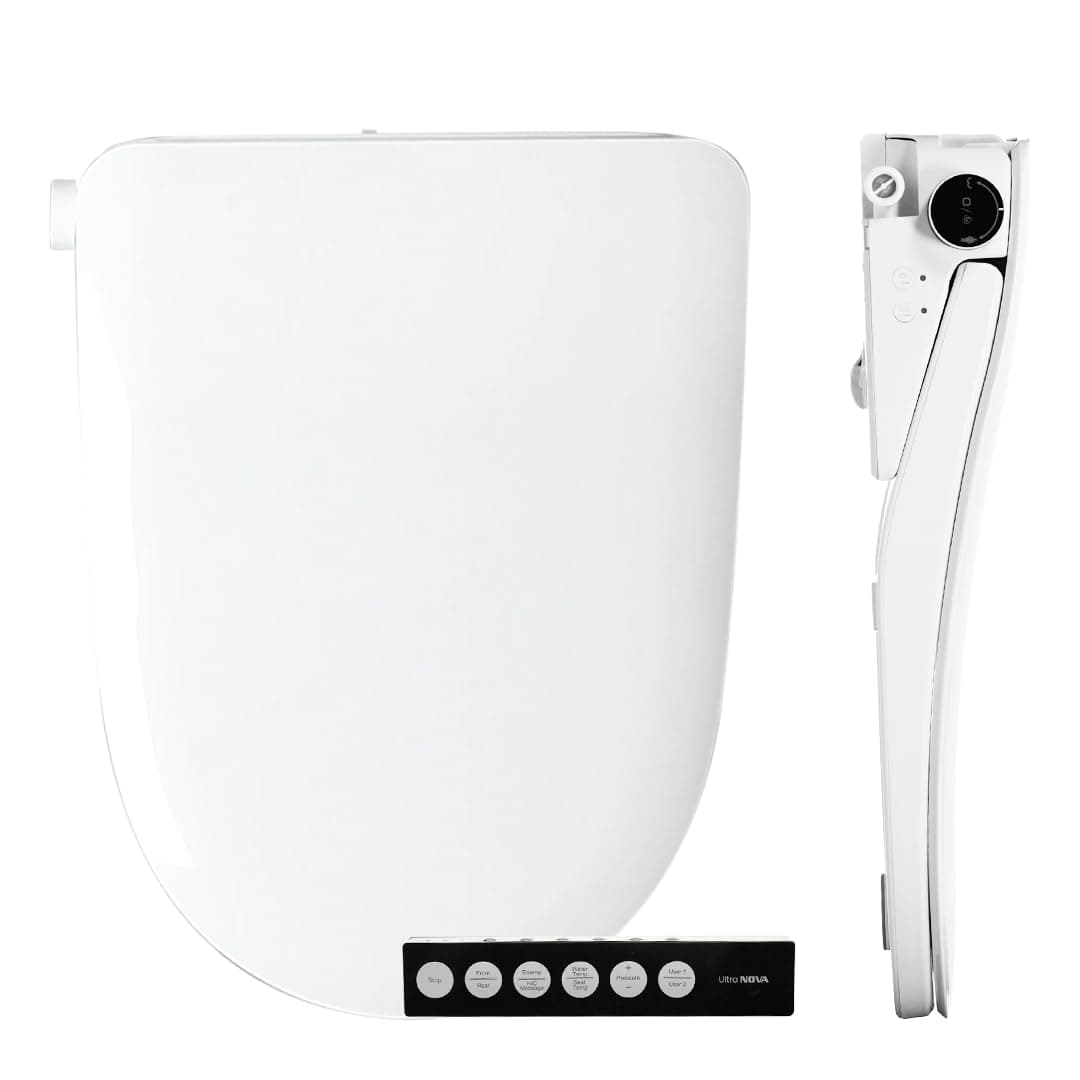 Ultra NOVA asiento bidé alargado blanco, perfil ultra delgado, apertura automática, agua tibia ilimitada, control remoto inalámbrico Eco-NOVA