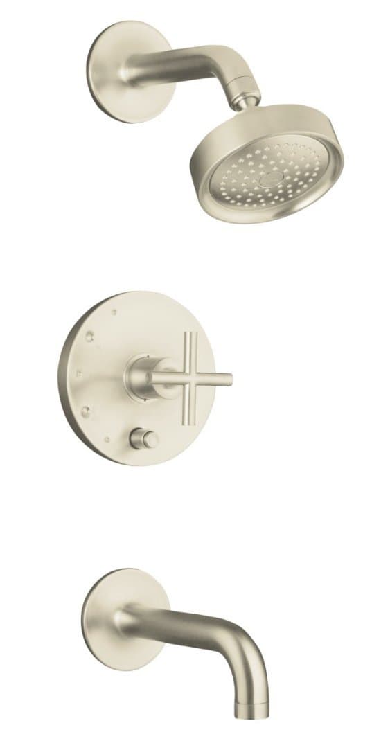 KOHLER Purist Rite-Temp grifería para bañera y ducha con desviador push-button, pico 7-3/4" y manija cruz, válvula no incluida K-T14421-3-BN