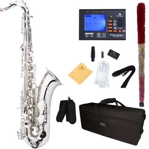 Mendini MTS-N+92D saxofón tenor en Si bemol para principiantes con estuche y accesorios (Silver Nickel)